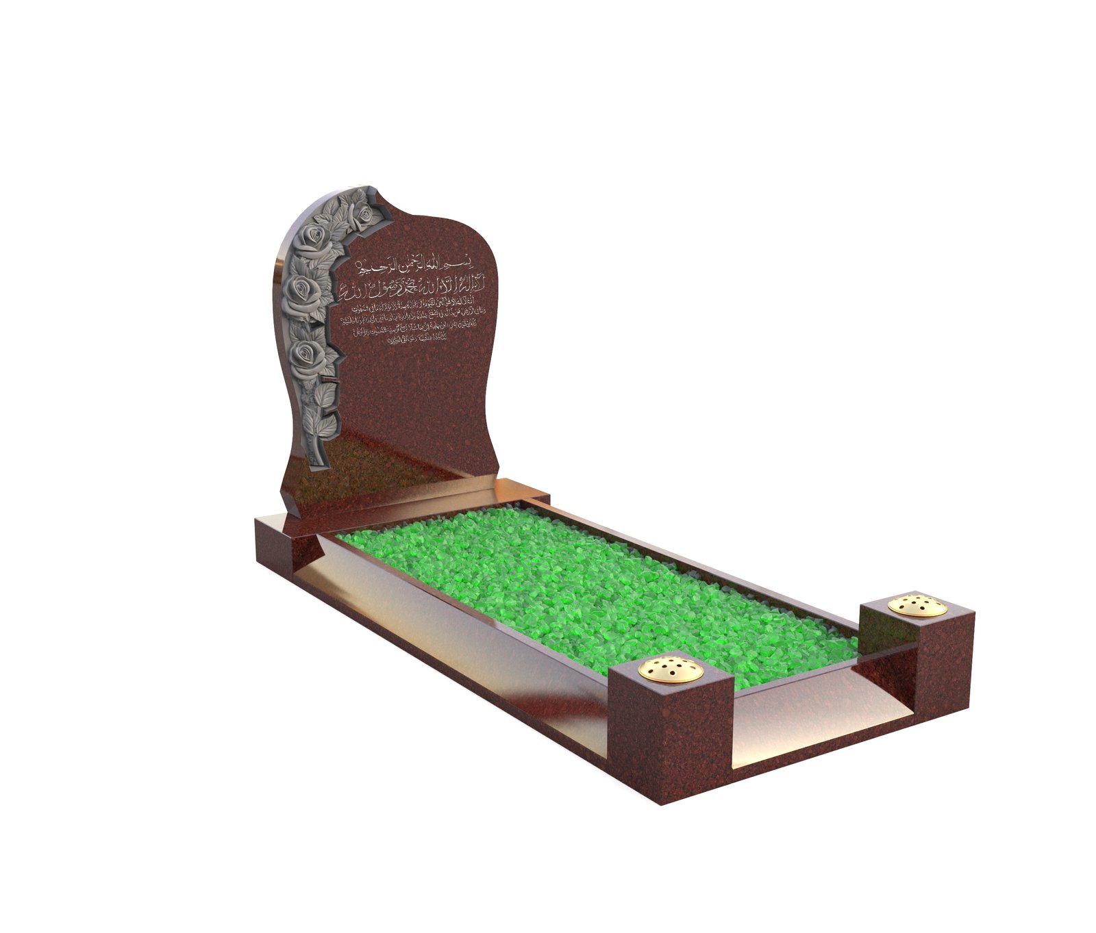STUNNING CARVING ON SHAPED HEADSTONE FOLLOWED BY CHAMFERED KERBS AND GREEN CHIPPINGS