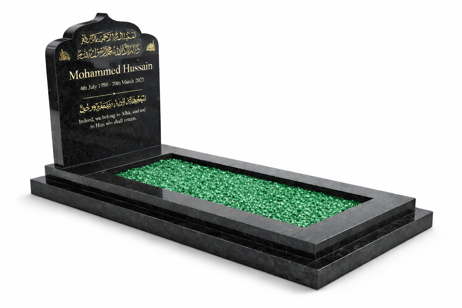 sacred-peace-islamic-kerb-memorial-black-granite-green-glass-chippings.jpg Sacred Peace Islamic kerb memorial in polished black granite with green glass chippings and Arabic calligraphy headstone