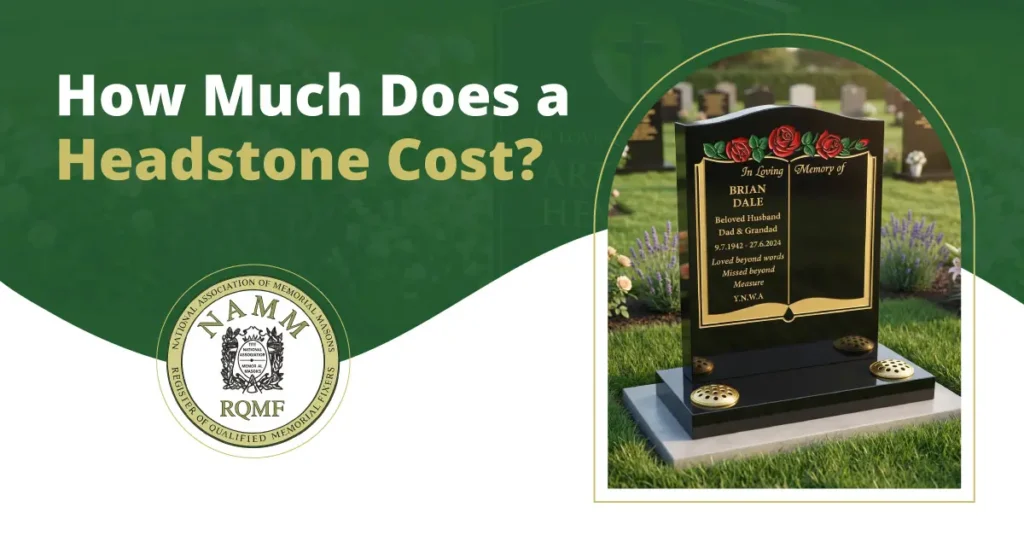 An informational guide titled 'How Much Does a Headstone Cost?' featuring a black granite book-style memorial with red rose carvings and the NAMM RQMF seal.