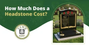 An informational guide titled 'How Much Does a Headstone Cost?' featuring a black granite book-style memorial with red rose carvings and the NAMM RQMF seal.