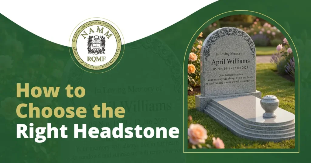 A guide titled 'How to Choose the Right Headstone' featuring a grey granite memorial with floral carvings and the NAMM RQMF accredited masonry logo.